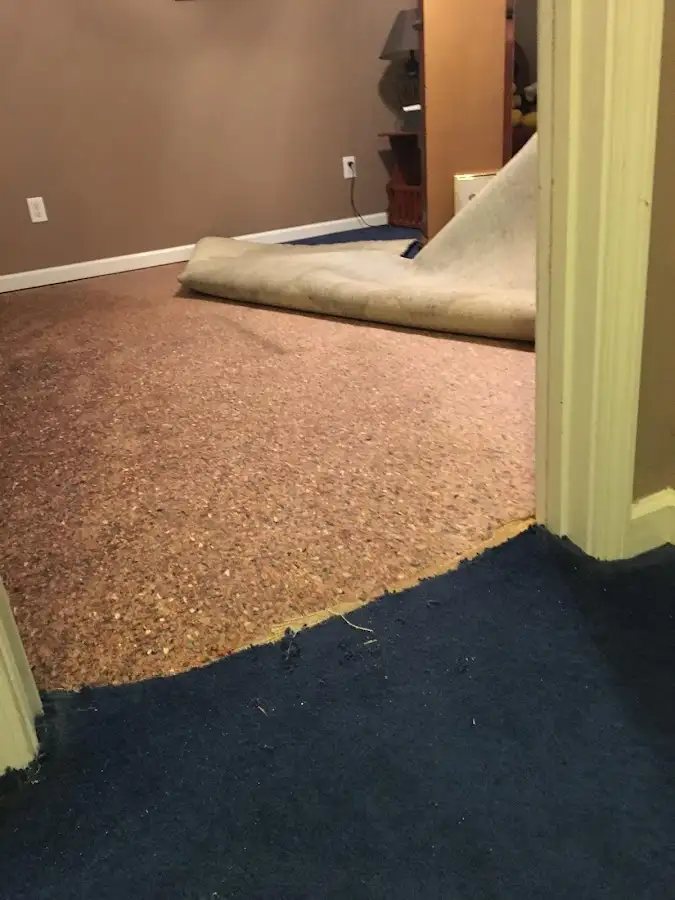 Carpet pad removal revealing water damage during Water Mitigation Services in Four Square Mile